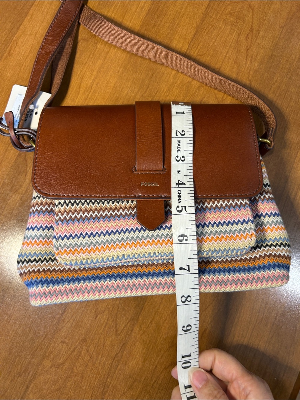 Fossil Kinley Tan Leather Flap Crossbody with Multicolor Knit Body - Picture 12 of 12